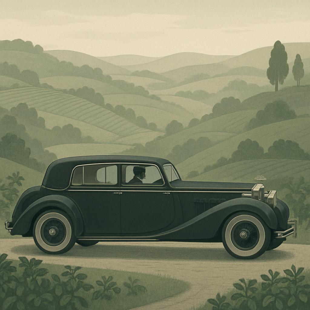 A classic black luxury car is depicted driving on a country road, set against rolling hills and lush greenery, evoking a t...